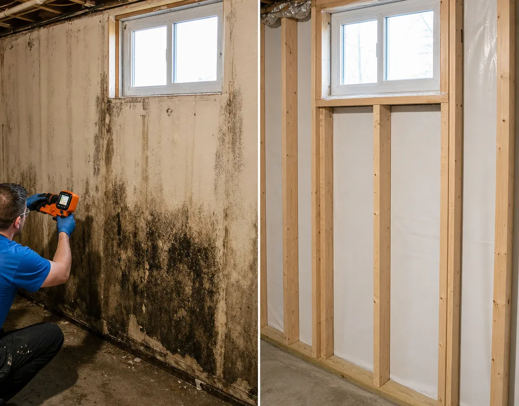 Before-and-after basement wall showing mold-affected drywall and cleaned, dried framing