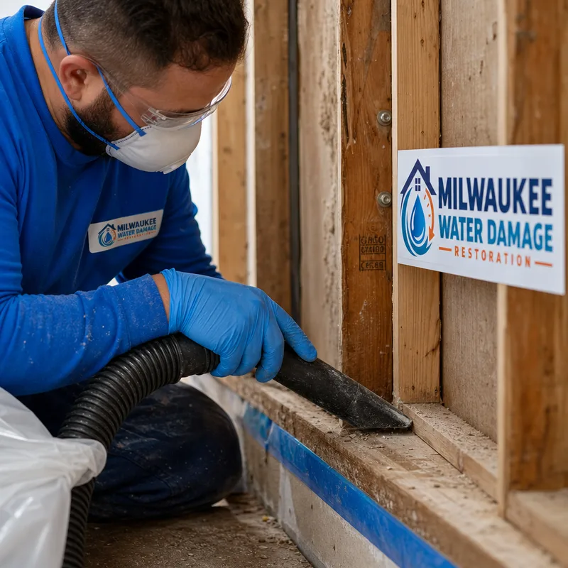 Technician HEPA vacuuming exposed wall studs and a sill plate inside containment