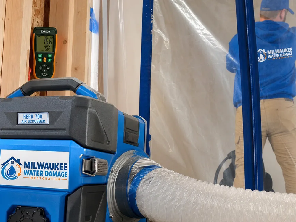 HEPA air scrubber ducted into containment beside moisture inspection equipment