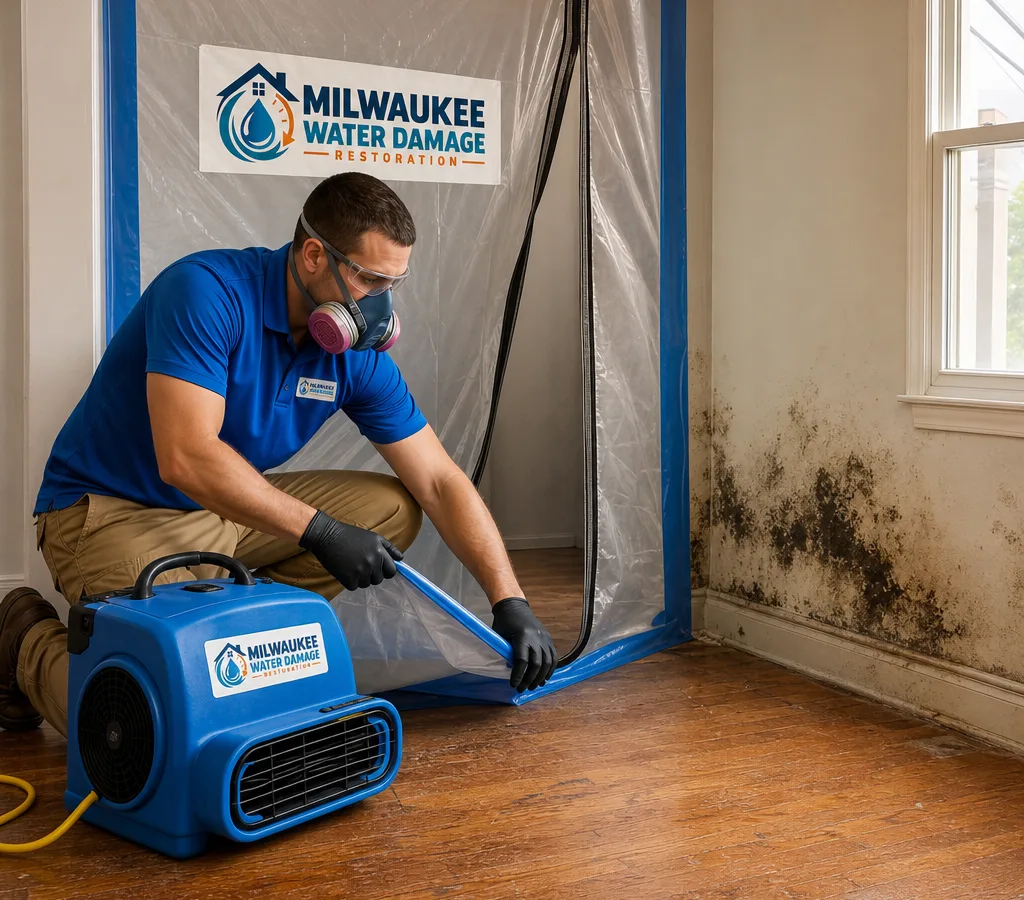 Technician setting up containment and negative air equipment in a Milwaukee home with visible mold near the baseboards