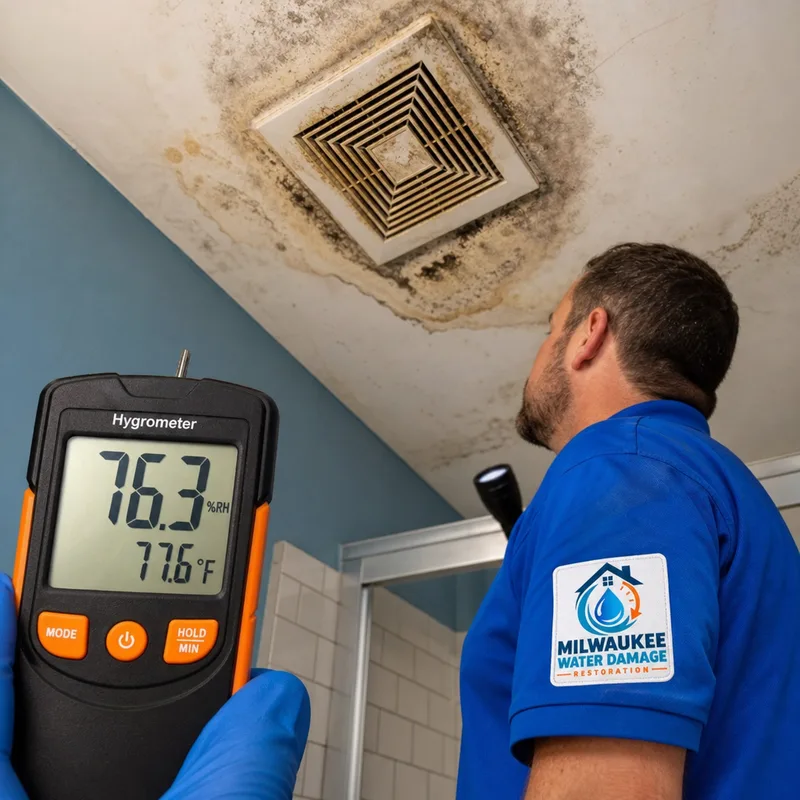 Bathroom ceiling and exhaust fan with staining and a hygrometer showing high humidity