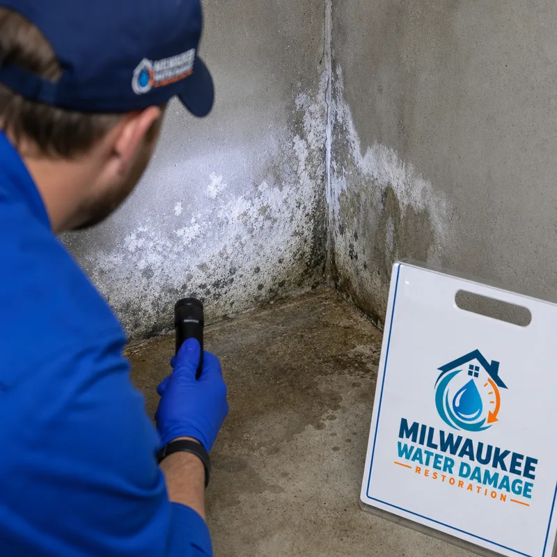 Basement corner with efflorescence, moisture staining, and suspected microbial growth near the floor line