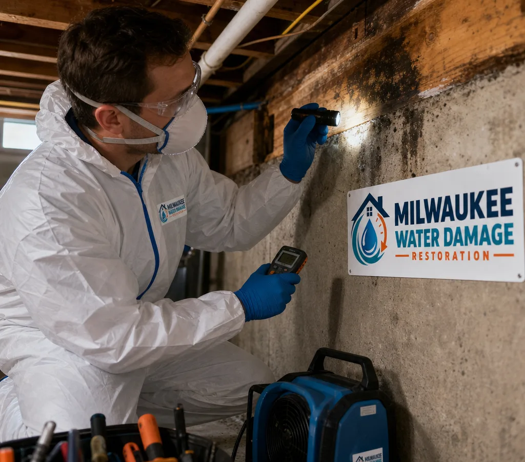 Mold inspector using a flashlight and moisture meter to examine a Milwaukee basement rim joist and foundation wall