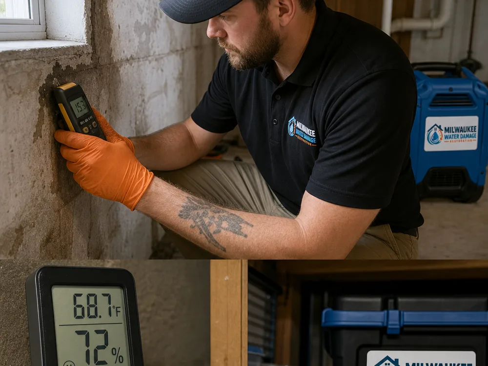 Mold inspector taking moisture and humidity readings near a basement window