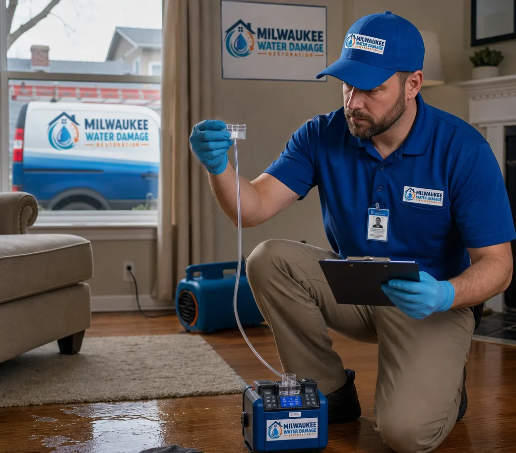 Inspector taking an air sample in a Milwaukee home with a sampling pump and clipboard
