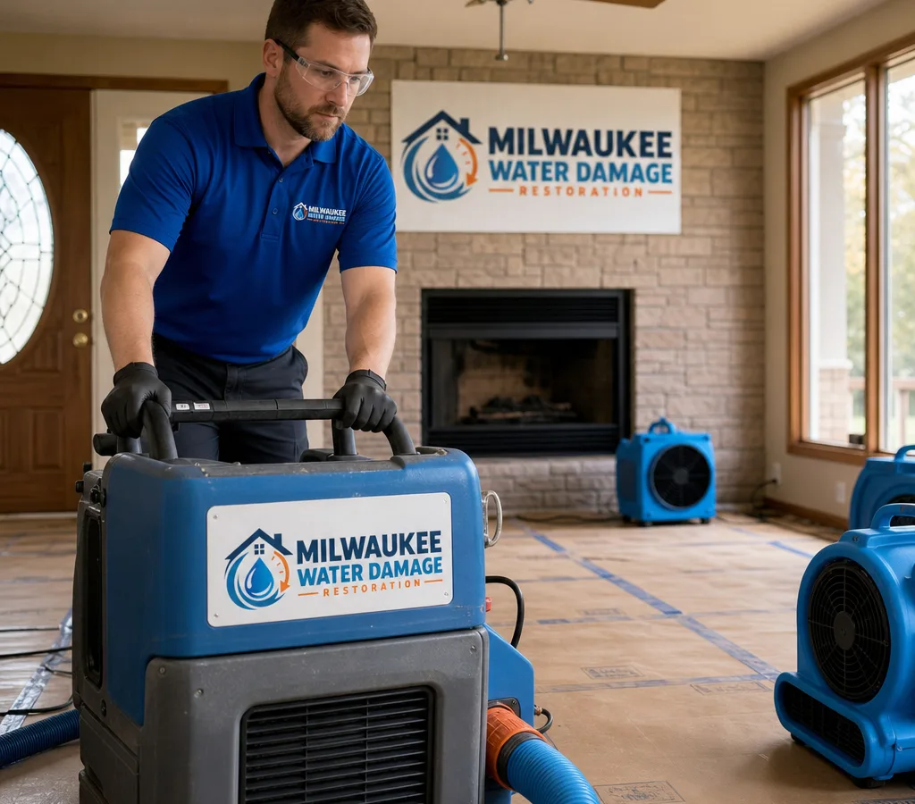 Technician in PPE running extraction equipment in a Milwaukee home with protective floor covering and air movers staged for drying