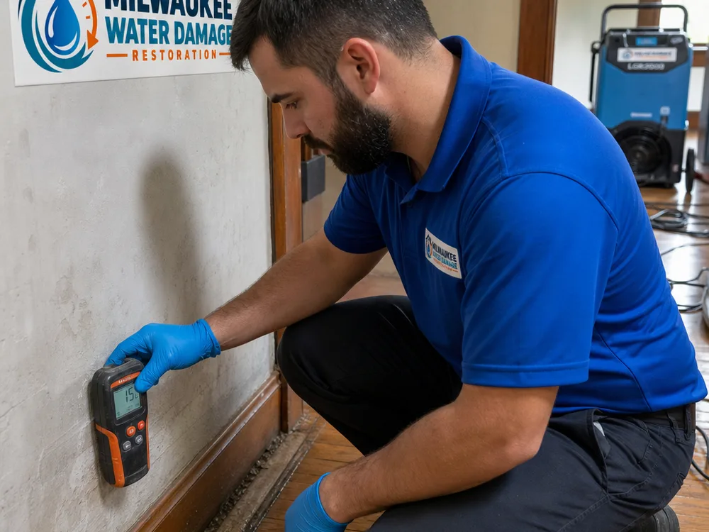 Moisture technician using a non-invasive meter on a plaster wall and baseboard area with air movers running in the background
