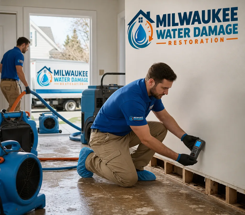 Technicians extracting water from a Milwaukee home with air movers and moisture testing equipment
