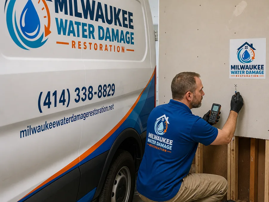 Technician mapping moisture on drywall with inspection equipment nearby