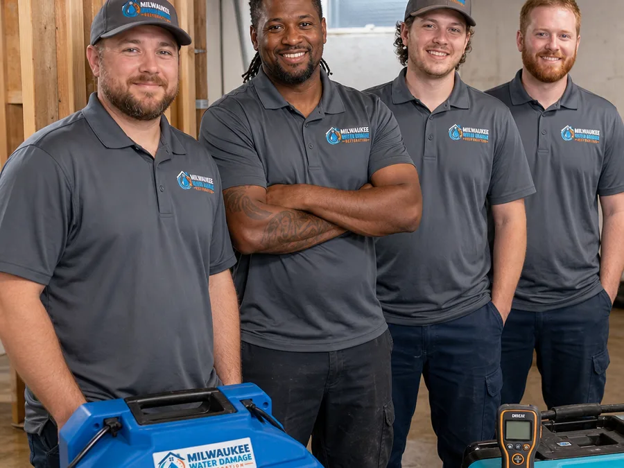 Milwaukee restoration team with drying equipment and a moisture meter in a residential basement